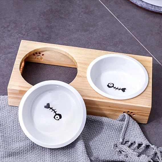 Bamboo Bowl Holder & Ceramic/Stainless Steel Double Bowl