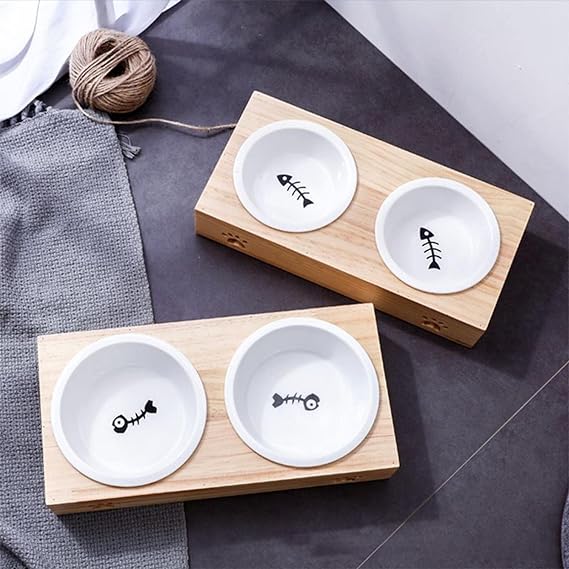 Bamboo Bowl Holder & Ceramic/Stainless Steel Double Bowl