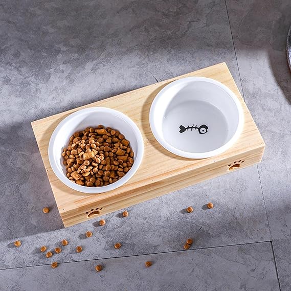 Bamboo Bowl Holder & Ceramic/Stainless Steel Double Bowl