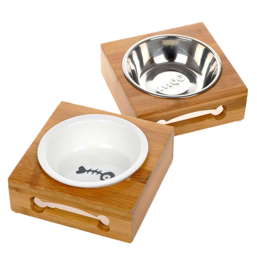 Bamboo Bowl Holder & Ceramic/Stainless Steel Double Bowl