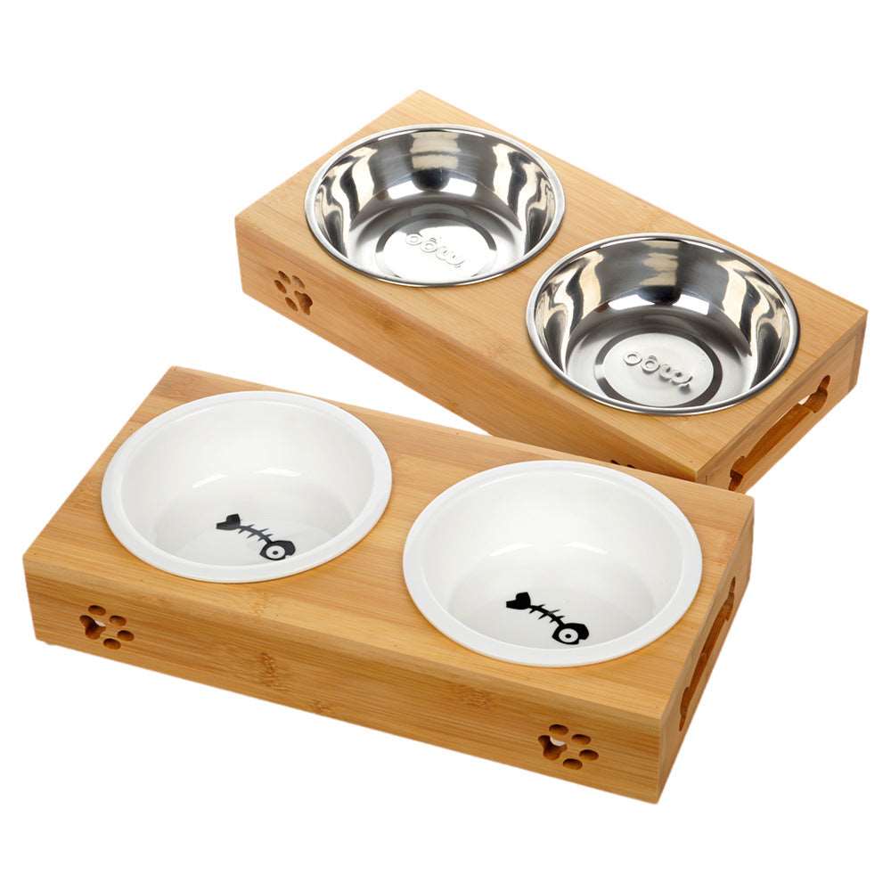 Bamboo Bowl Holder & Ceramic/Stainless Steel Double Bowl