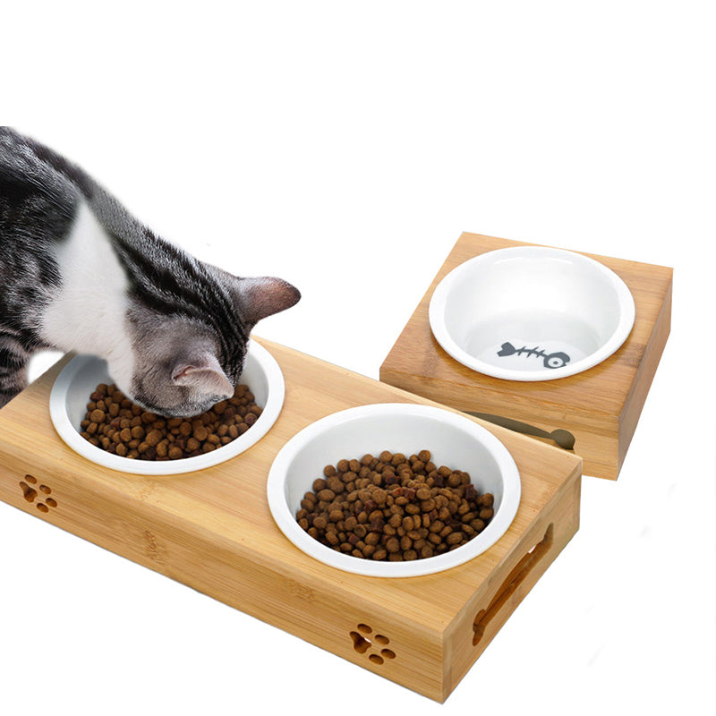 Bamboo Bowl Holder & Ceramic/Stainless Steel Double Bowl