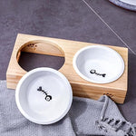 Bamboo Bowl Holder & Ceramic/Stainless Steel Double Bowl - Pup Buddy