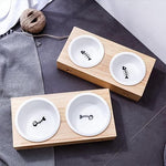 Bamboo Bowl Holder & Ceramic/Stainless Steel Double Bowl - Pup Buddy