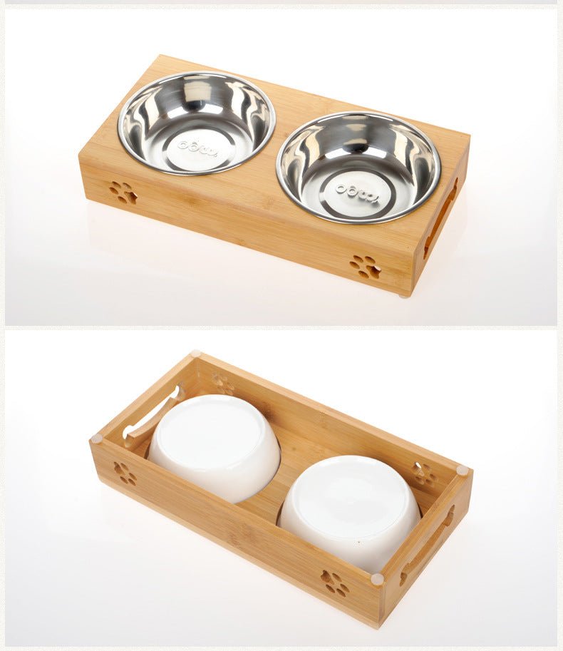 Bamboo Bowl Holder & Ceramic/Stainless Steel Double Bowl - Pup Buddy