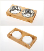 Bamboo Bowl Holder & Ceramic/Stainless Steel Double Bowl - Pup Buddy