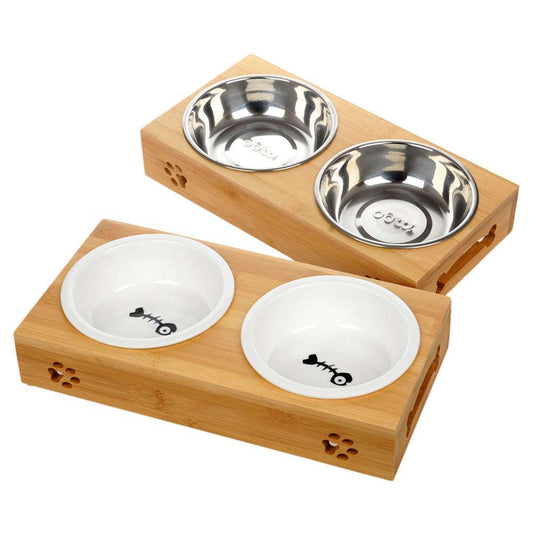 Bamboo Bowl Holder & Ceramic/Stainless Steel Double Bowl - Pup Buddy